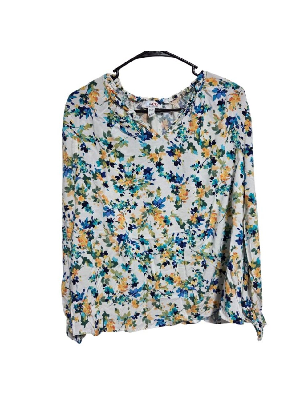 Denim & Co Blouse Plus Size 1X Floral Long Sleeve Boho Cottagecore Peasant